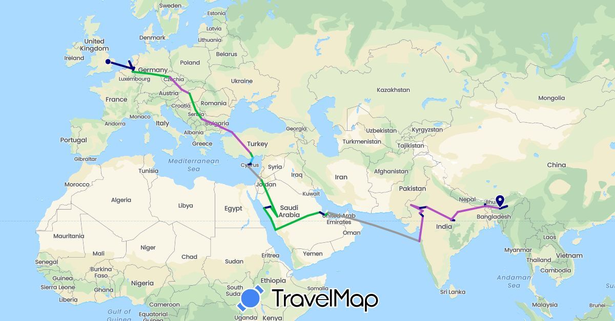 TravelMap itinerary: driving, bus, plane, train, boat in Cyprus, Czech Republic, United Kingdom, Hungary, India, Jordan, Netherlands, Qatar, Serbia, Saudi Arabia, Slovakia, Turkey (Asia, Europe)